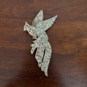 Vintage Pot Metal Bird Brooch Pin with Rhinestones 1920-30 Silver Red Eye